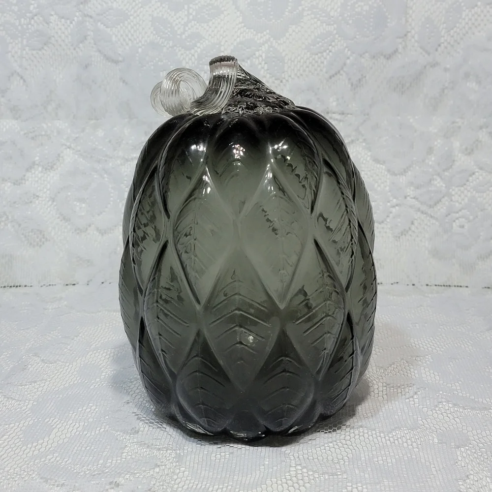 Black Gray Quilted Glass Pumpkin 8.5